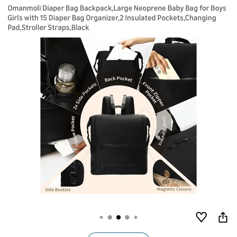 Omanmoli Black Unisex Diaper Bag Backpack. Neoprene Multi Pockets - Picture 12 of 15